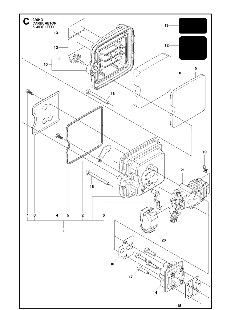 Carburetor And Air Filter Diagram and Parts List for 226HD75S 20090100001-20130499999 Husqvarna Hedge Trimmer