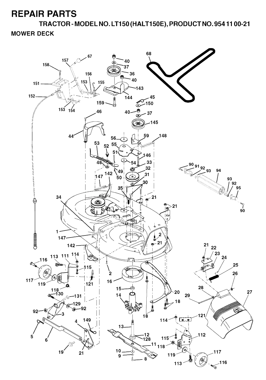 Mower Deck / Cutting Deck Diagram and Parts List for LT150 (954110021-E)(2003-01) Husqvarna Lawn Tractor