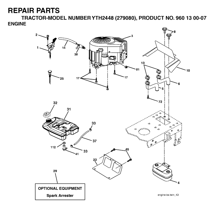 Engine Diagram and Parts List for YTH2448-279080 2004-12 Husqvarna Lawn Tractor