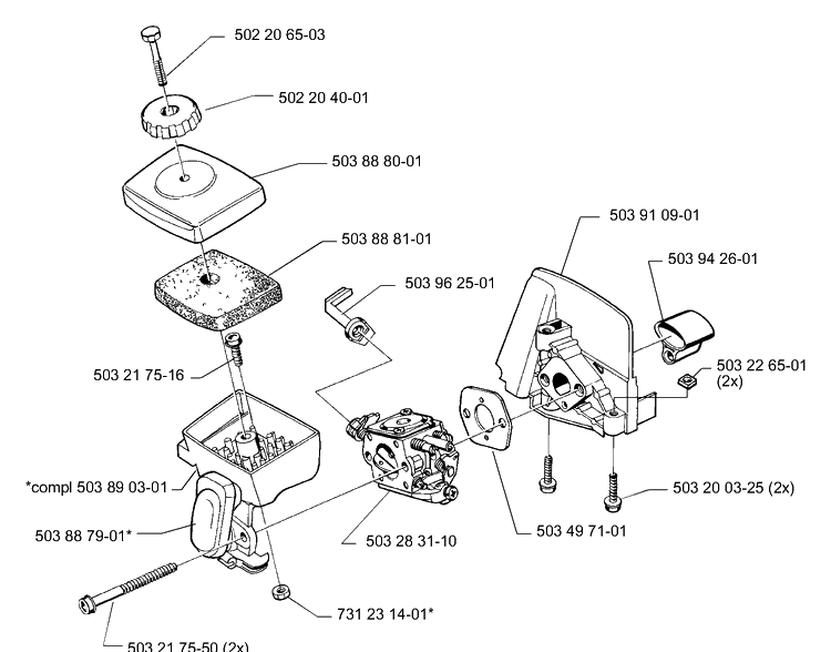 Air Filter/Carburetor Diagram and Parts List for 325E (X-SERIES)(1999-10) Husqvarna Edger