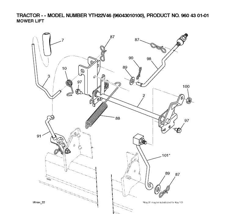 Mower Lift Lever Diagram and Parts List for YTH22V46 (96043010100)(2009-12) Husqvarna Lawn Tractor