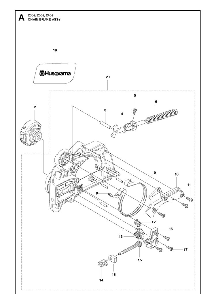 Chain Brake Diagram and Parts List for 236E 20101400001-20180500001 Husqvarna Chainsaw