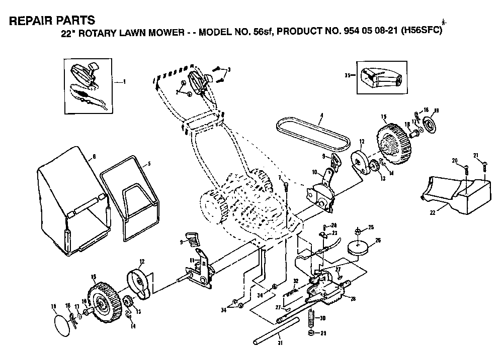 Repair Parts Diagram and Parts List for 56SF (H56SFC, 954050821, 132232)(1992-01) Husqvarna Lawn Mower