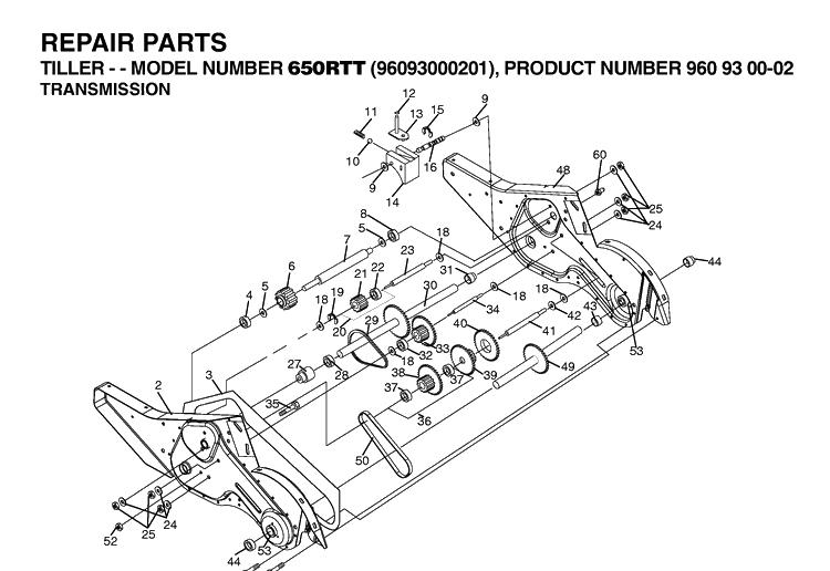 Transmission Diagram and Parts List for 650RTT (96093000201)(2006-12) Husqvarna Cultivator