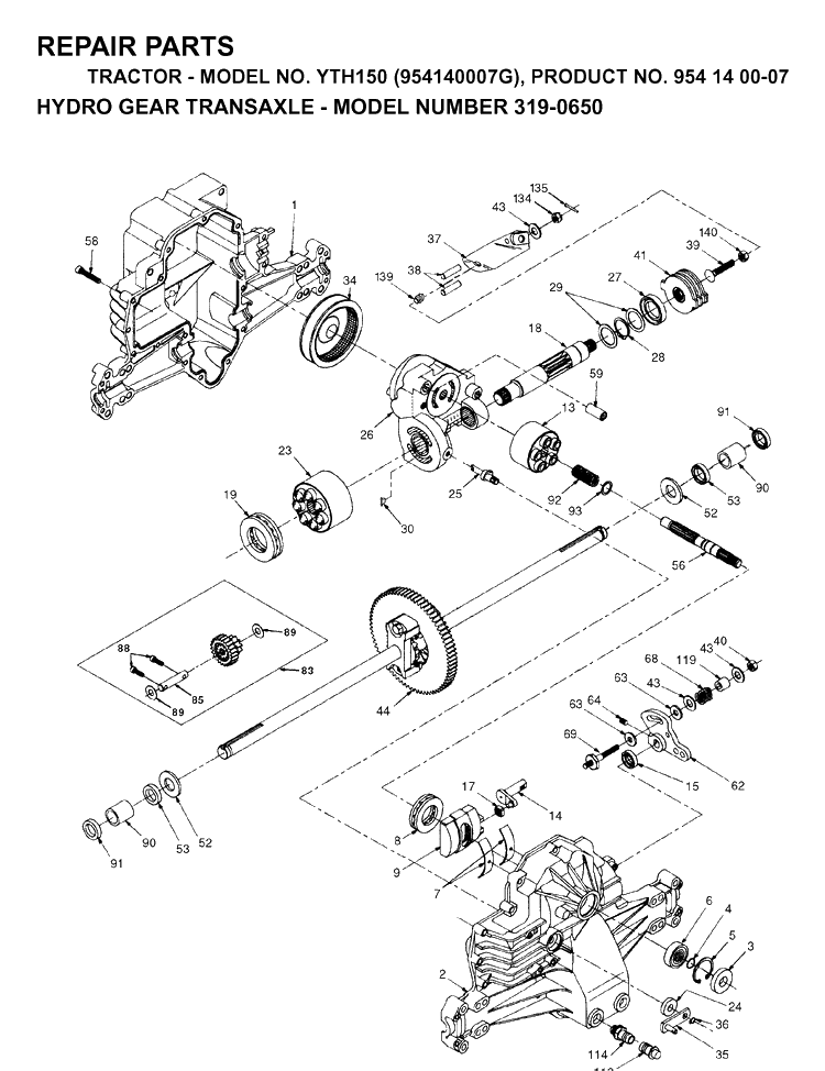 Transmission Diagram and Parts List for YTH150 (954140007G)(1998-09) Husqvarna Lawn Tractor