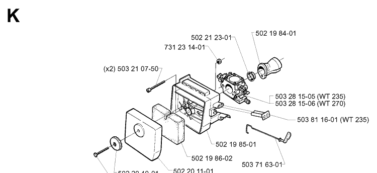 Carburetor And Air Filter Diagram and Parts List for 240RBD 19970500001-20004000000 Husqvarna Brush Cutter