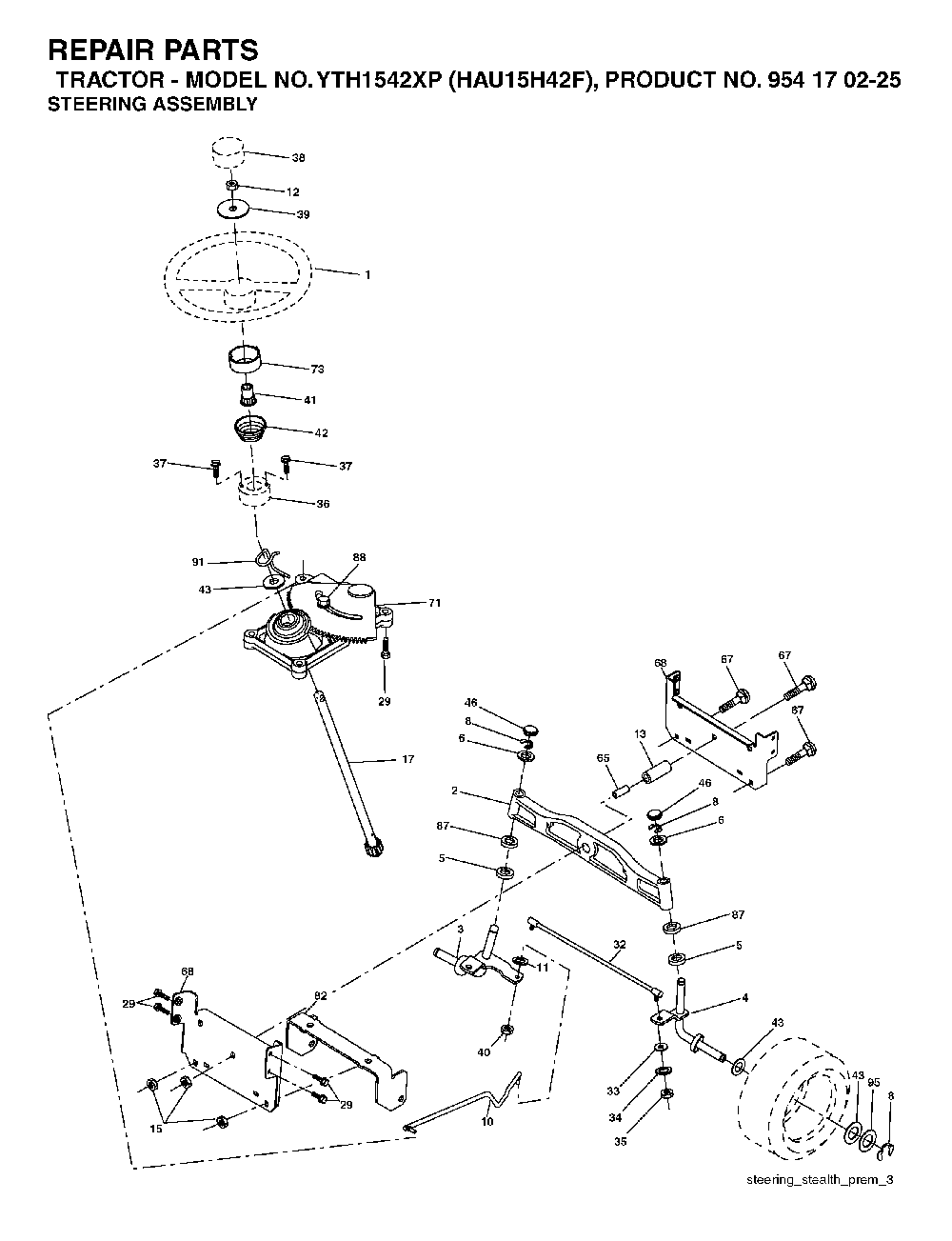 Steering Diagram and Parts List for YTH1542XP (HAU15H42F, 954170225)(2004-09) Husqvarna Lawn Tractor