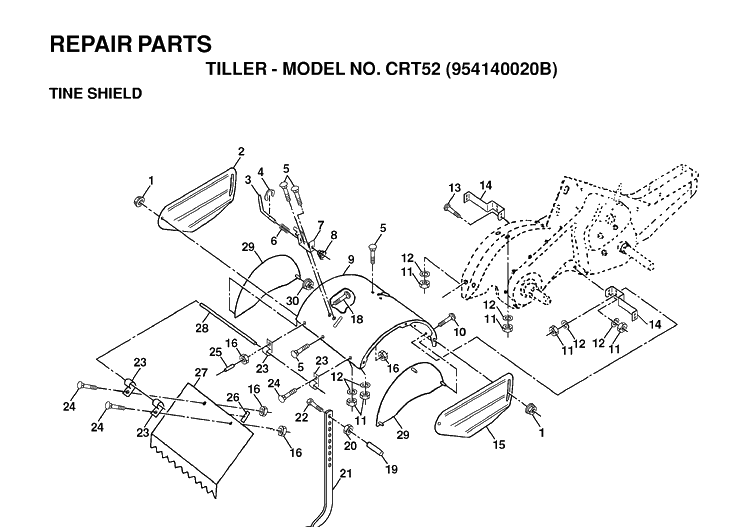 Tine Shield Diagram and Parts List for CRT52 (954140020B)(1998-01) Husqvarna Cultivator