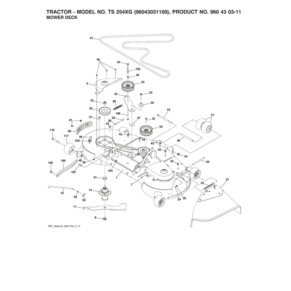 Mower Deck Diagram and Parts List for 96043031100  Husqvarna Lawn Tractor