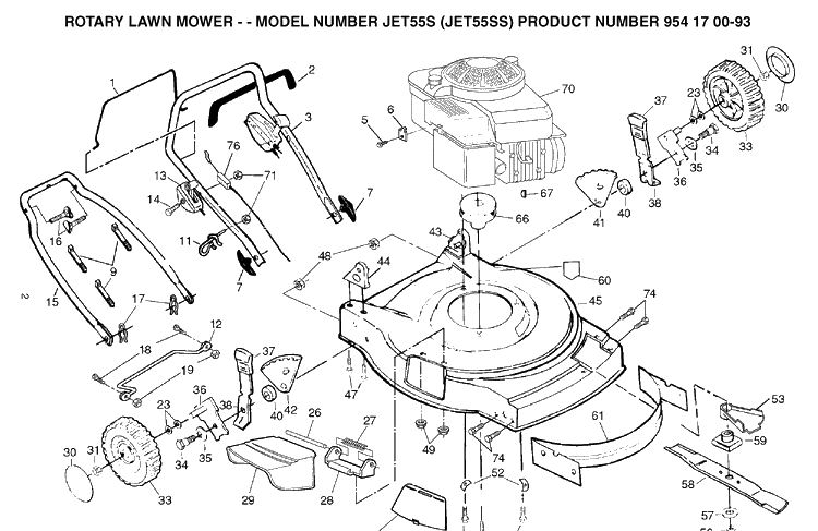 Frame And Engine Diagram and Parts List for JET55-JET55SS 2003-05 Husqvarna Lawn Mower