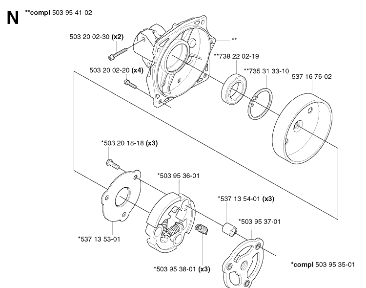 Clutch Diagram and Parts List for 343R 20031800001-20043100000 Husqvarna Brush Cutter