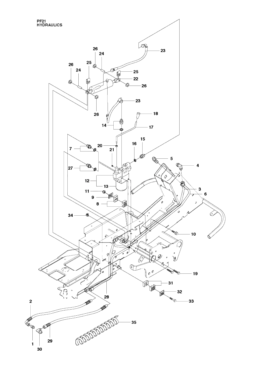 Hydraulic Frame Diagram and Parts List for PF21 (965192401)(2010-07) Husqvarna Lawn Tractor