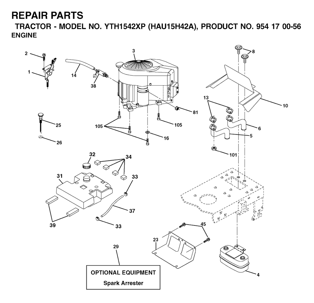 Engine Diagram and Parts List for YTH1542XP (954170056-A)(2003-01) Husqvarna Lawn Tractor