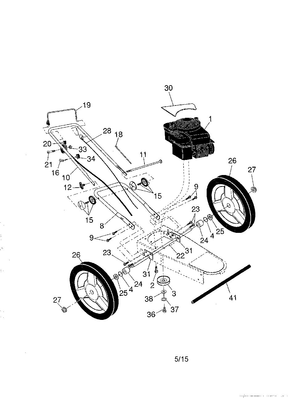 Engine/handle/wheels Diagram and Parts List for 96173000501  Husqvarna Trimmer