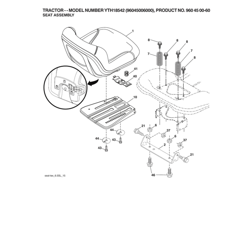 Seat Assy Diagram and Parts List for 96045006000  Husqvarna Lawn Tractor