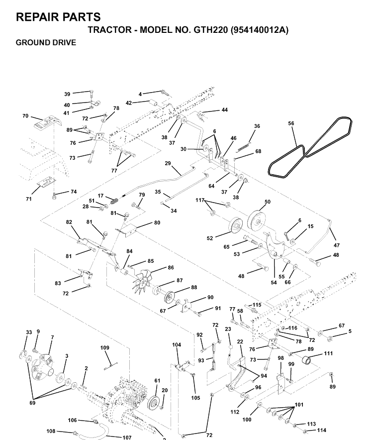 Drive Diagram and Parts List for GTH220 (954140012A)(1997-01) Husqvarna Lawn Tractor