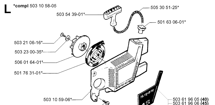 Starter Diagram and Parts List for 40 20013500001-Current Husqvarna Chainsaw