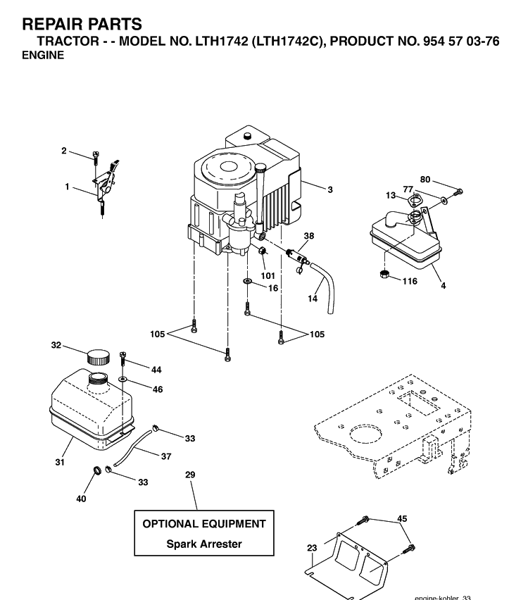 Engine Diagram and Parts List for LTH1742-LTH1742C 2003-02 Husqvarna Lawn Tractor