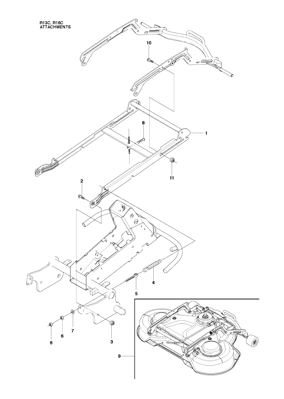 Attachments Diagram and Parts List for R13C (965094301)(2010-07) Husqvarna Lawn Tractor