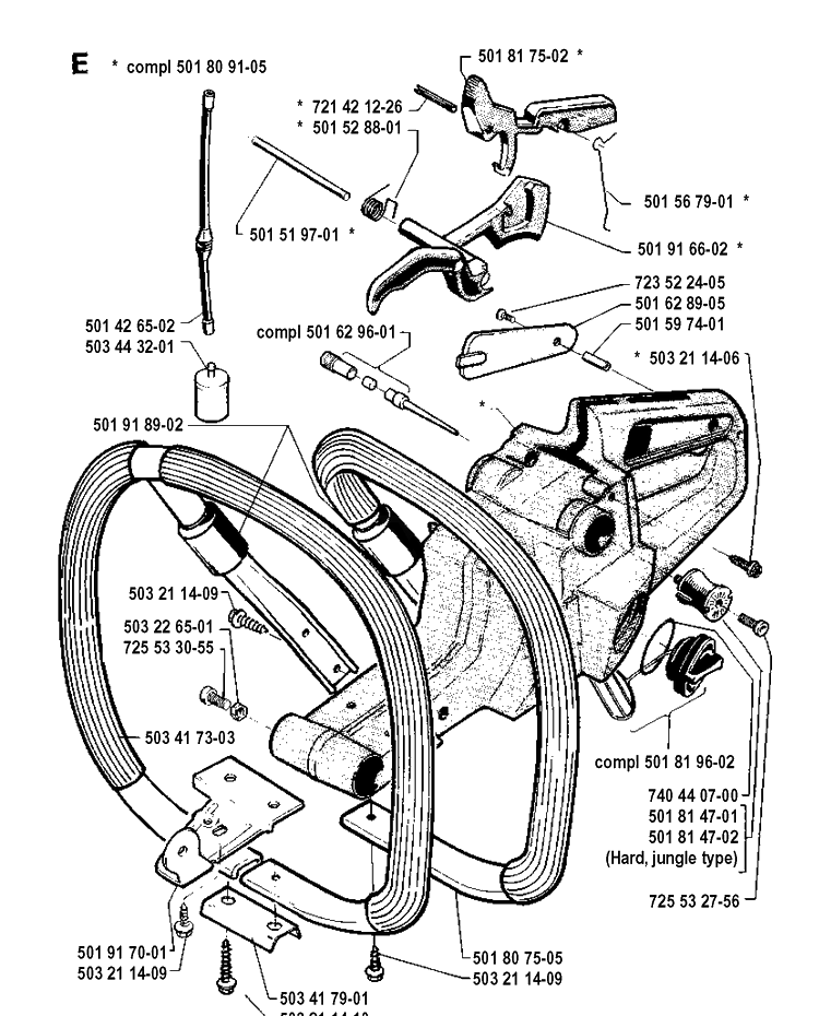 Fuel Tank And Handle Diagram and Parts List for 281 19900100001-19911400000 Husqvarna Chainsaw