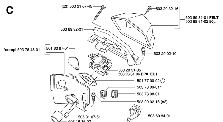 Carburetor And Air Filter Diagram and Parts List for 55 (RANCHER)(20060600001-20070500000) Husqvarna Chainsaw