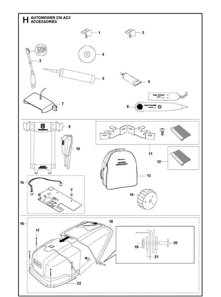 Accessories 1 Diagram and Parts List for 230ACX 2013-01 Husqvarna Lawn Mower