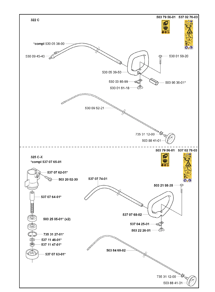 Shaft And Handle Diagram and Parts List for 322C 2000-10 Husqvarna Brush Cutter