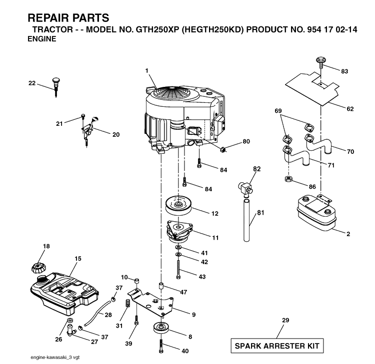 Engine Diagram and Parts List for GTH250XP (HEGTH250KD)(2004-09) Husqvarna Lawn Tractor