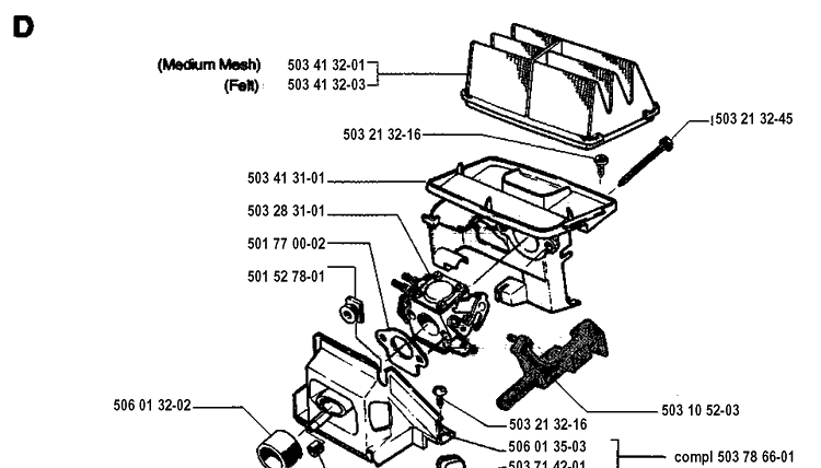 Carburetor And Air Filter Diagram and Parts List for 45 19952300001-19981800000 Husqvarna Chainsaw