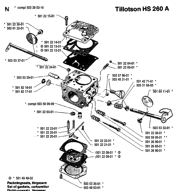 Carburetor Details Diagram and Parts List for 268 19910500001-19933600000 Husqvarna Chainsaw
