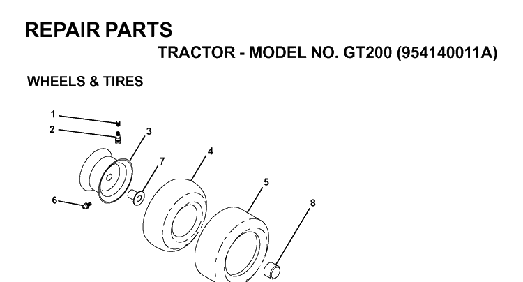 Wheels And Tires Diagram and Parts List for GT200 (954140011A)(1997-01) Husqvarna Lawn Tractor