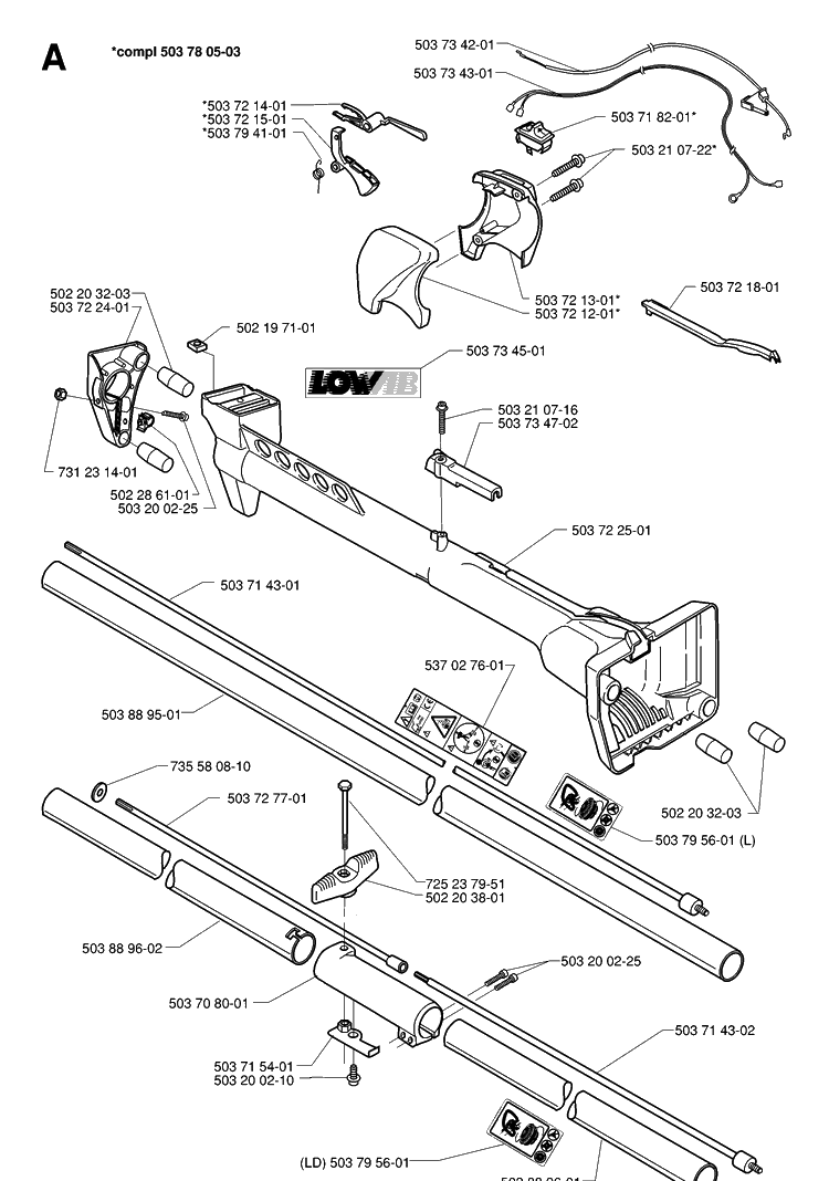 Shaft And Handle Diagram and Parts List for 227RD 19993600001-20004000000 Husqvarna Brush Cutter