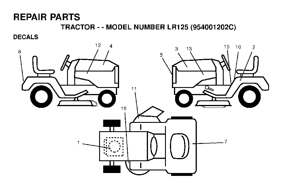 Decals Diagram and Parts List for LR125 (954001202C)(1995-03) Husqvarna Lawn Tractor
