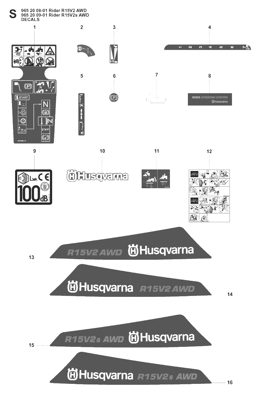 Decals Diagram and Parts List for R15-V2AWD (965200901)(2008-01) Husqvarna Lawn Tractor