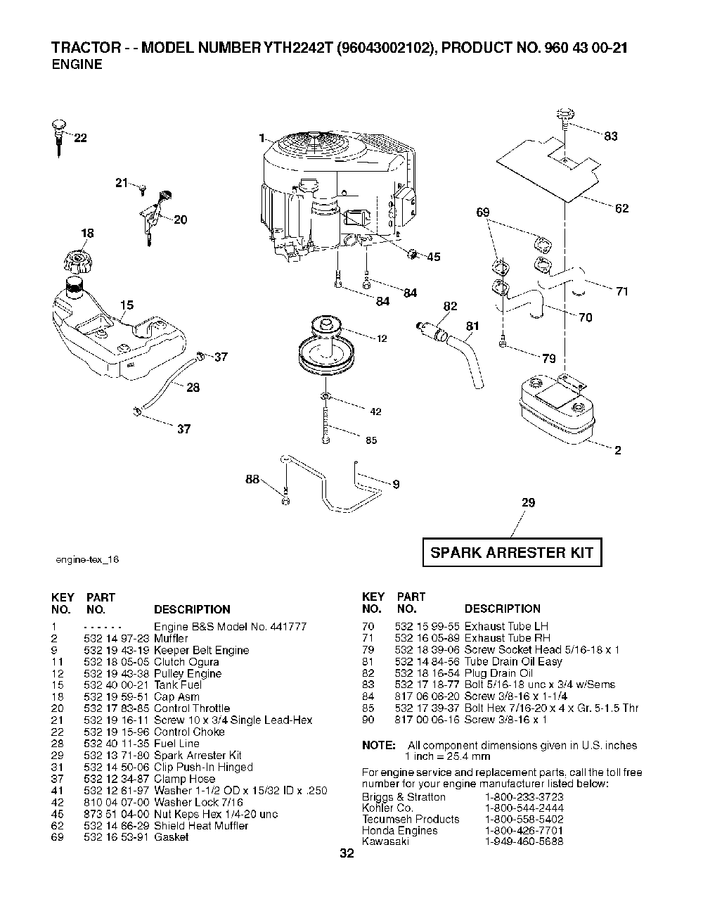 Engine Diagram and Parts List for YTH2242T96043002102 2008-01 Husqvarna Lawn Tractor