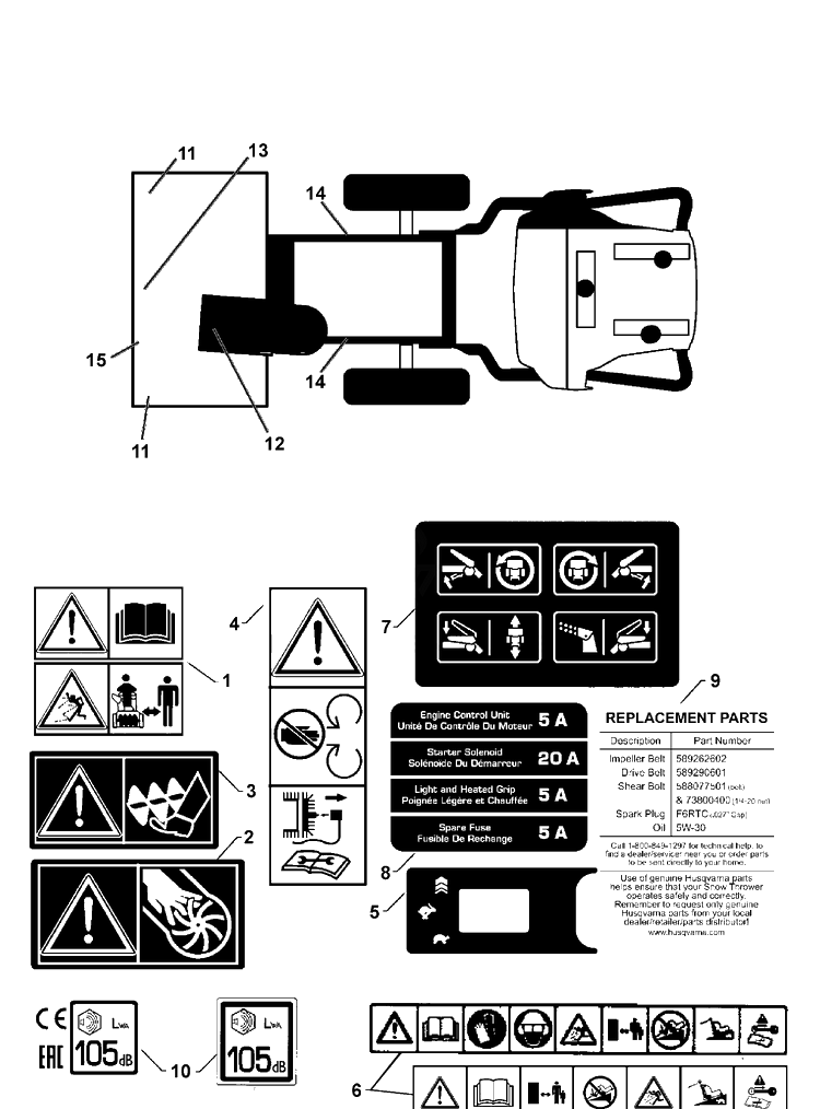 Decals Diagram and Parts List for ST430  Husqvarna Snow Blower