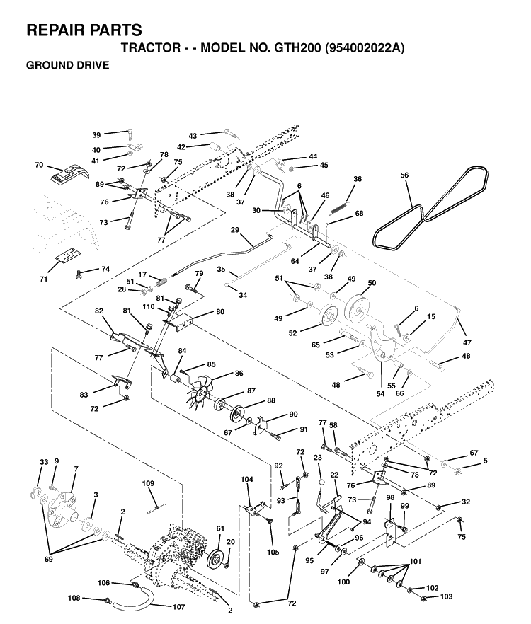 Drive Diagram and Parts List for GTH200 (954002022A)(1995-05) Husqvarna Lawn Tractor