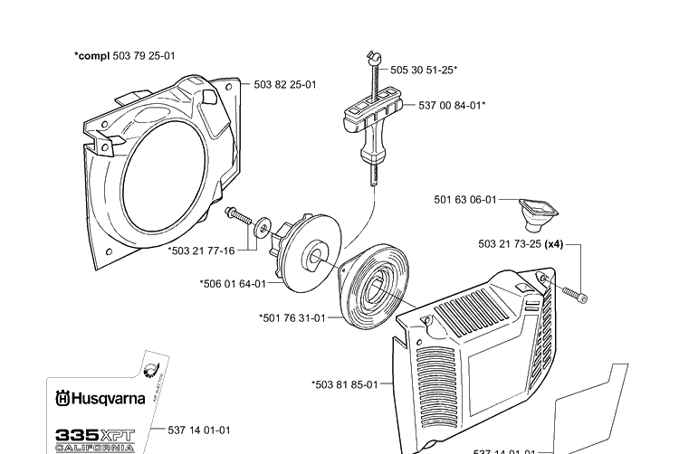 Starter Diagram and Parts List for 335XPT 2001-05 Husqvarna Chainsaw