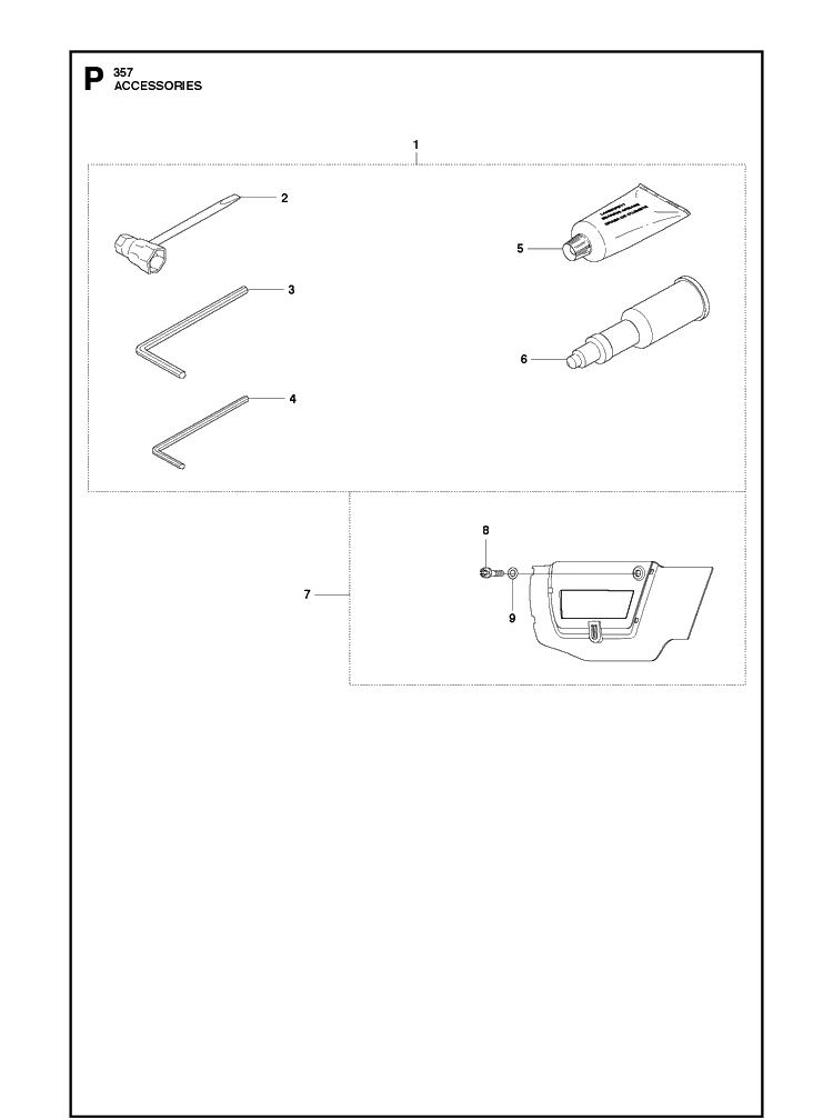 Accessories Diagram and Parts List for 357XP 20100600001-20111800000 Husqvarna Chainsaw