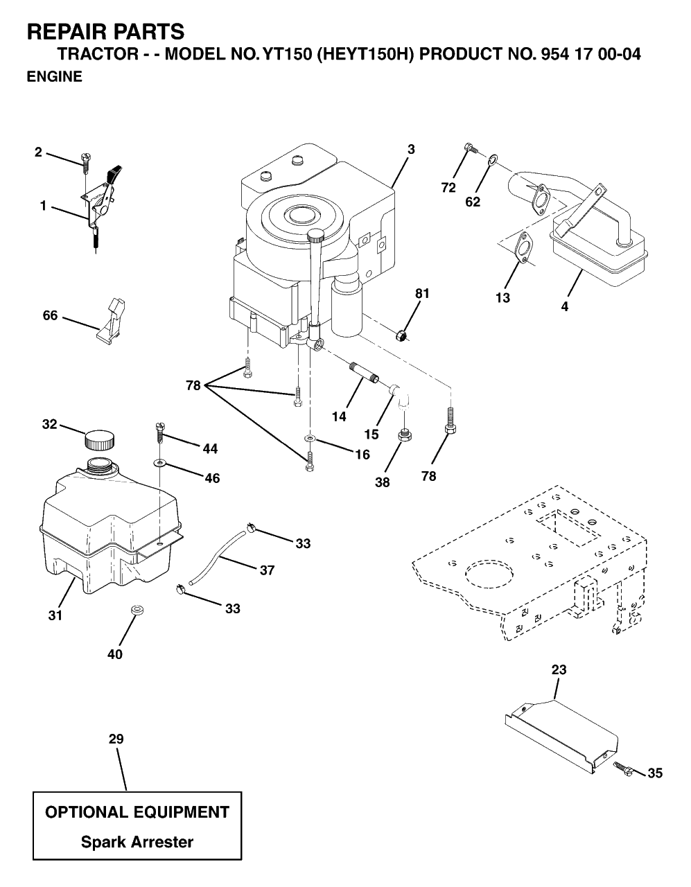 Engine And Cutting Equipment Diagram and Parts List for YT150 (954170004-H)(1996-01) Husqvarna Lawn Tractor