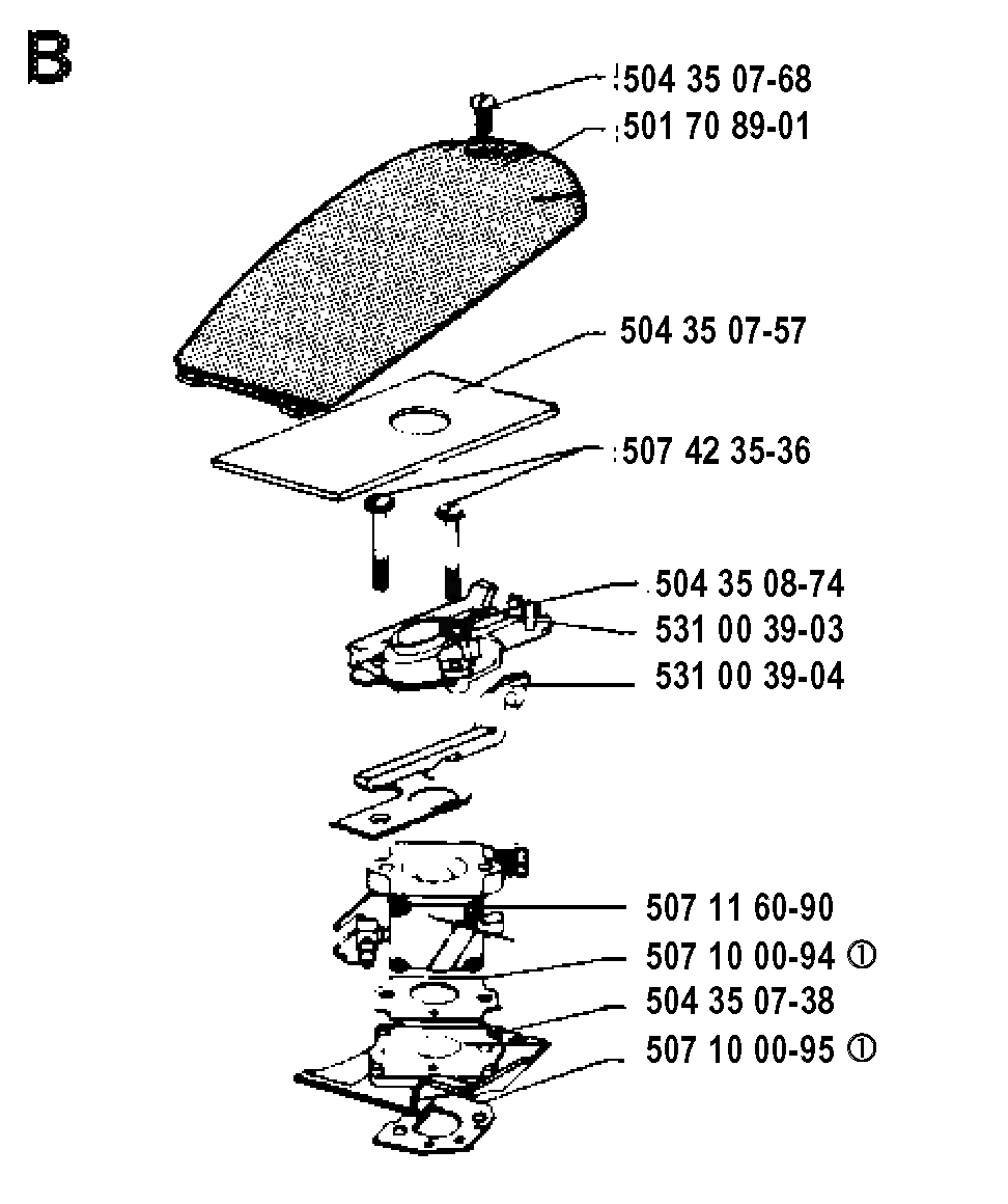 Carburetor And Air Filter Diagram and Parts List for 35 19902200001 & Above Husqvarna Chainsaw