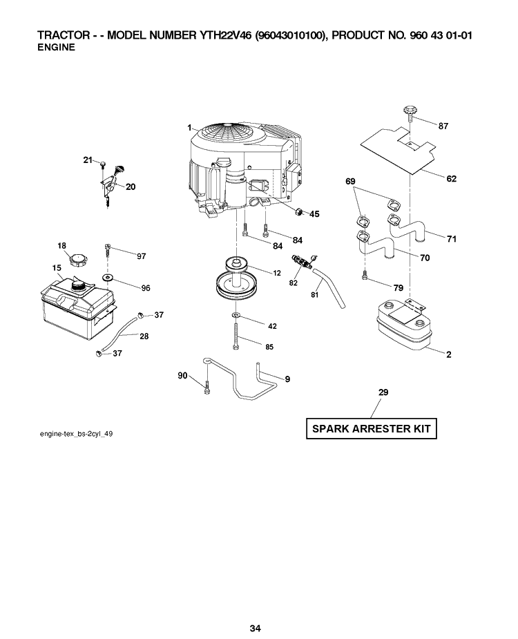 Engine Diagram and Parts List for YTH22V46 (96043010100)(2009-12) Husqvarna Lawn Tractor