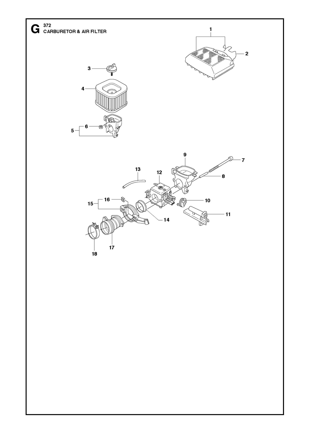 Carburetor And Air Filter Diagram and Parts List for 372XP-372XPG 372 XP W - 372 XP GW Husqvarna Chainsaw