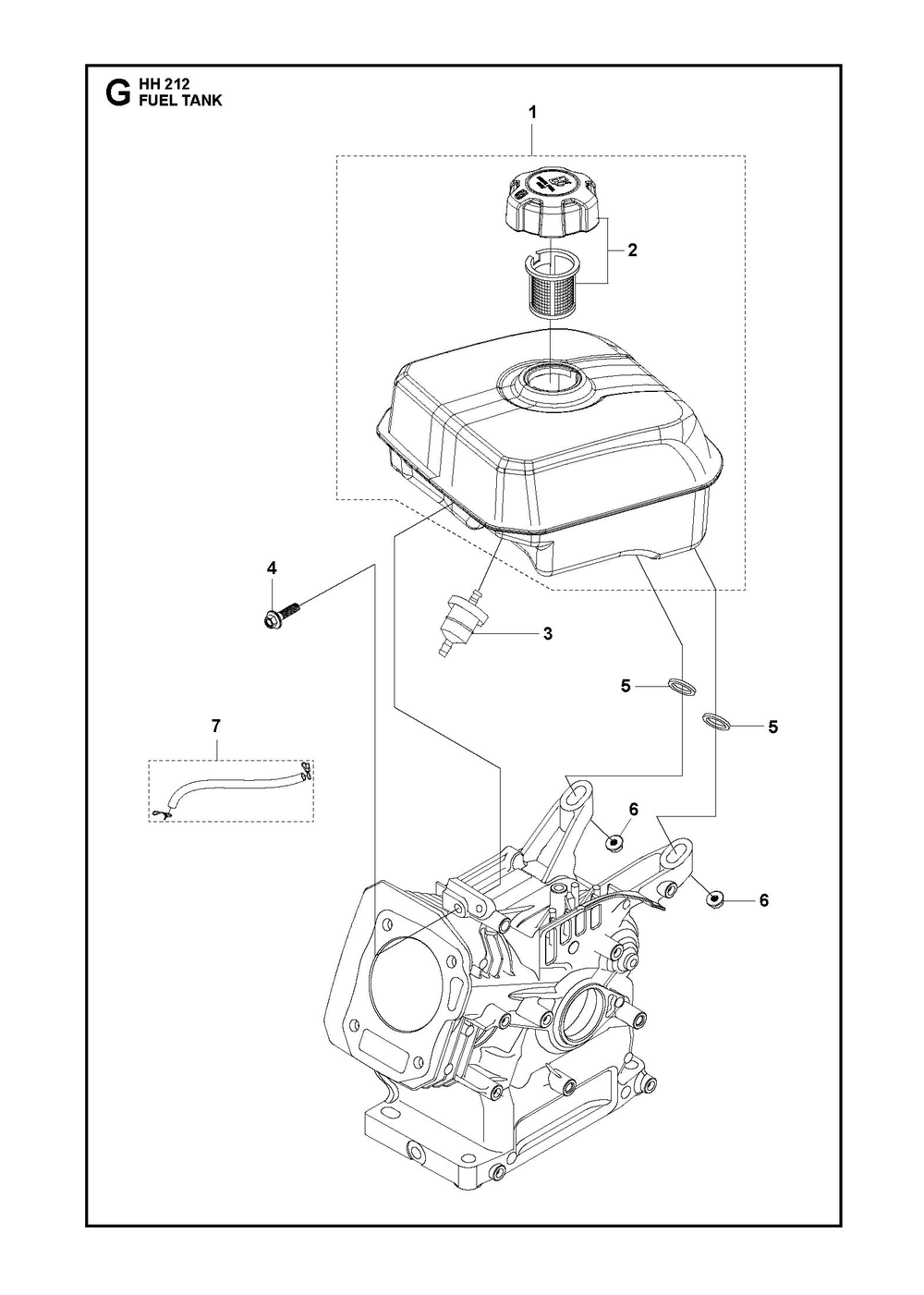 Fuel Tank Diagram and Parts List for HH212547142601 547180501, 587953201, 587953202, 599348659, 599349467 Husqvarna Engine