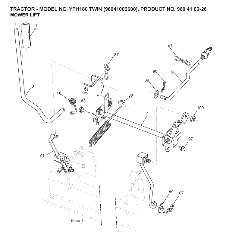 Mower Lift / Deck Lift Diagram and Parts List for YTH180 (96041002600)(2007-02) Husqvarna Lawn Tractor