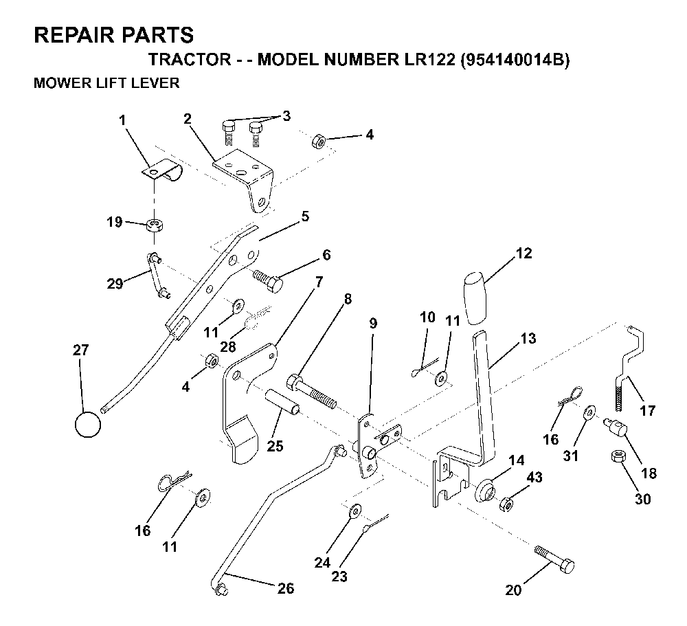 Mower Lift Lever Diagram and Parts List for LR122 (954140014B)(1999-03) Husqvarna Lawn Tractor