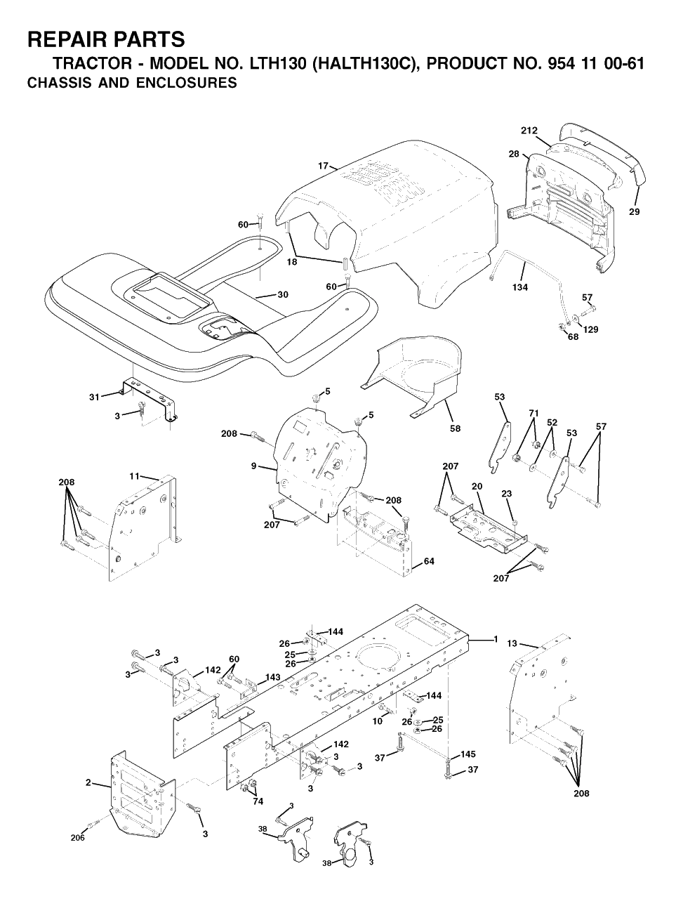 Chassis And Enclosures Diagram and Parts List for LTH130 (954110061-C)(2003-01) Husqvarna Lawn Tractor