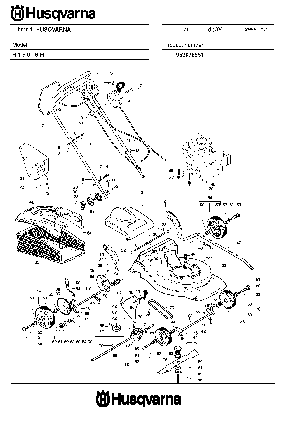 Product Complete Diagram and Parts List for R150SH (953876551)(2005-02) Husqvarna Lawn Mower