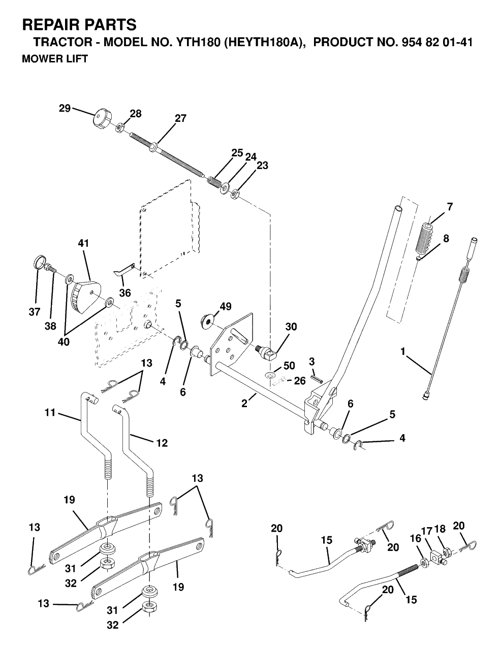 Mower Lift / Deck Lift Diagram and Parts List for YTH180 (954820141-A)(1998-12) Husqvarna Lawn Tractor