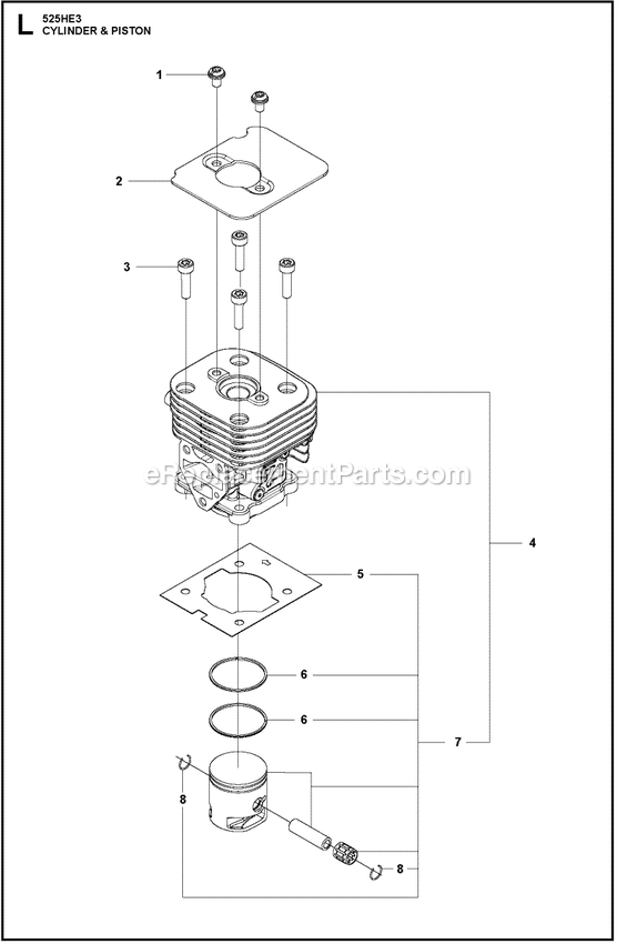 Cylinder Piston Diagram and Parts List for 525HE3  Husqvarna Trimmer